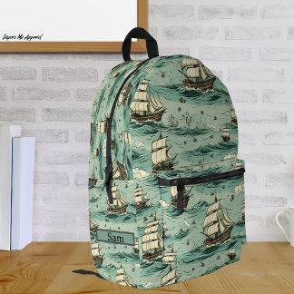 Vintage Blue Rough Sails Ship Blue Watercolor Printed Backpack