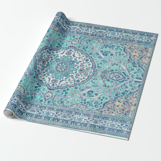 Vintage Blue Rug Pattern Wrapping Paper (Unrolled)