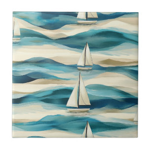 Vintage Blue Sailboat Maritime Coastal Pattern Ceramic Tile