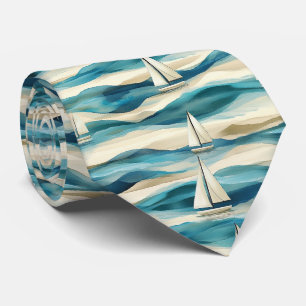 Vintage Blue Sailboat Maritime Coastal Pattern Neck Tie