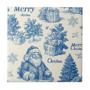 Vintage Blue Santa Christmas Toile Pattern Ceramic Tile