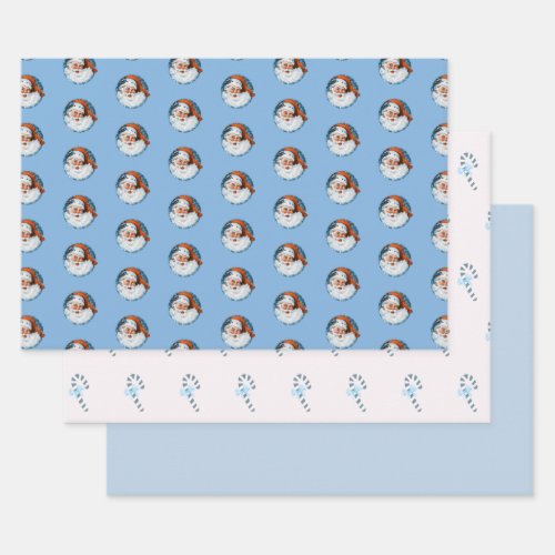 Vintage Blue Santa Claus and Candy Cane Wrapping Paper Sheets