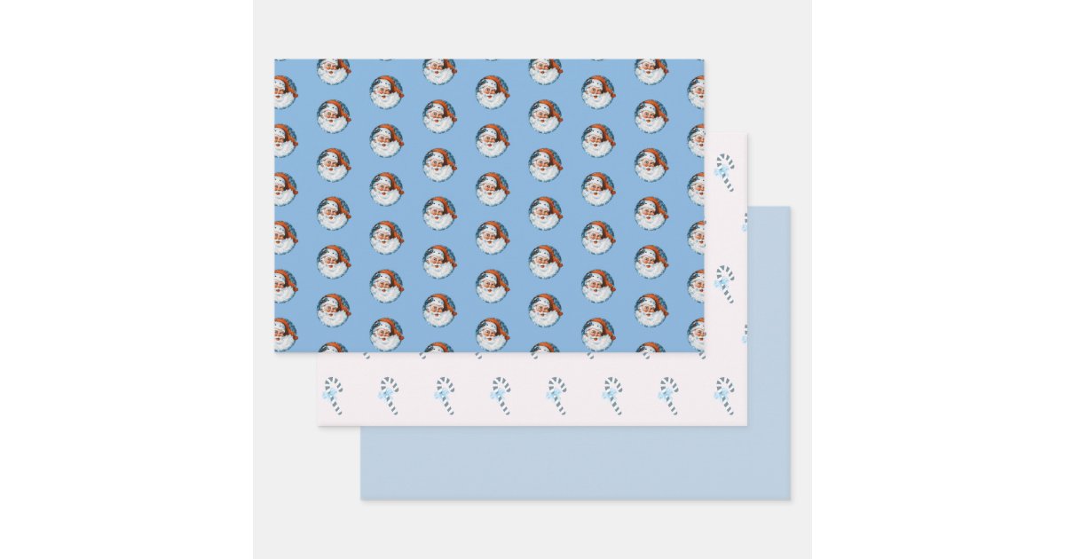 Vintage Blue Santa Claus and Candy Cane Wrapping Paper Sheets