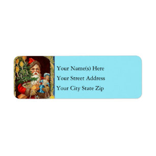 Vintage Blue Santa Claus With Toys Christmas Tree Label