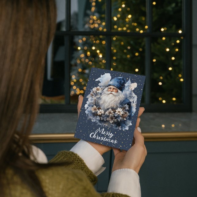 Vintage Blue Santa Customizable Holiday Card (Creator Uploaded)
