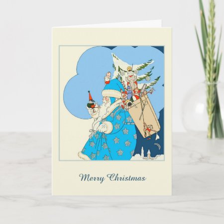 Vintage Blue Santa With Christmas Toys Holiday Card