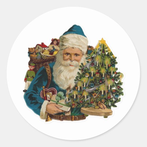 Vintage Blue Santa with Christmas Tree and Gifts Classic Round Sticker