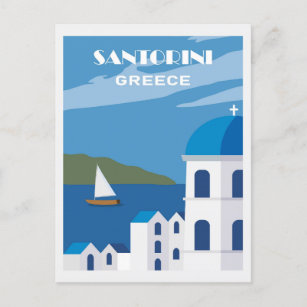 Vintage Blue Santorini Greece Greek Travel Postcard