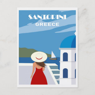 Vintage Blue Santorini Greece Greek Travel Woman Postcard