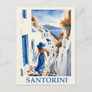 Vintage Blue Santorini Greece Greek Travel Woman Postcard