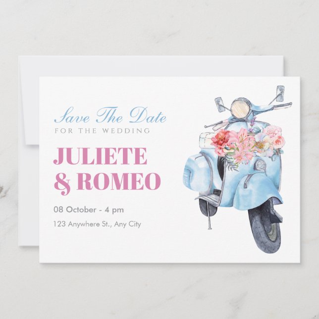 Vintage blue scooter wedding save the date (Front)