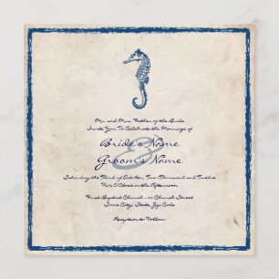 Vintage Blue Sea Horse Beach Wedding Invitation