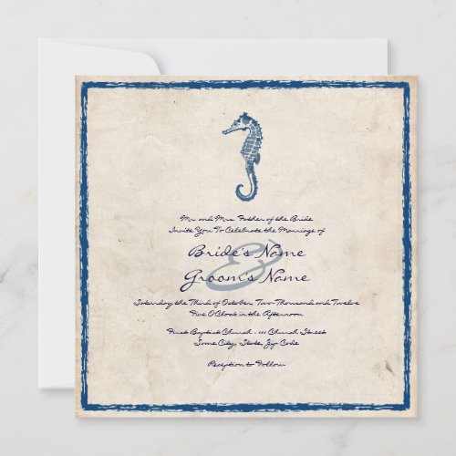 Vintage Blue Sea Horse Beach Wedding Invitation