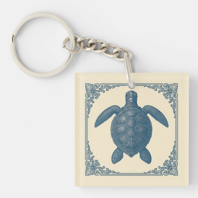 Vintage Blue Sea Turtle Nautical Coastal Keychain (Front)