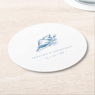 Vintage Blue Seashell Coastal Wedding Round Paper Coaster