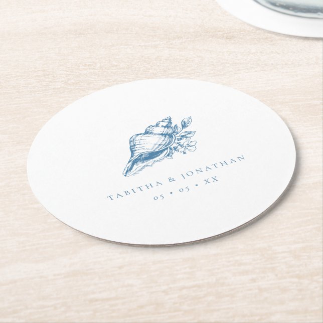 Vintage Blue Seashell Coastal Wedding Round Paper Coaster (Angled)