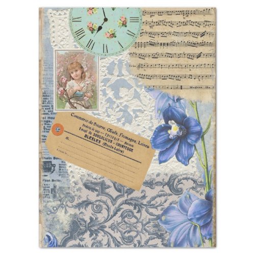 Vintage Blue Shabby Floral Lace Music Clock Tissue Paper