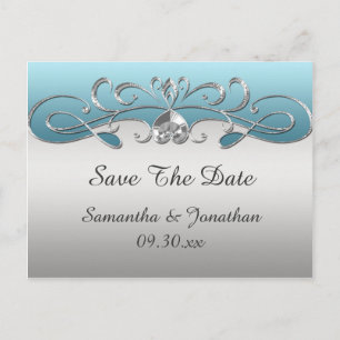 Vintage Blue Silver Ornate Swirls Save The Date Announcement Postcard