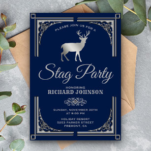 Vintage Blue Silver Stag Bachelor Party Invitation