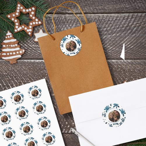 Vintage Blue Snowflake Christmas Photo Sticker