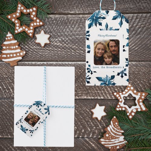 Vintage Blue Snowflake Christmas Photo Sticker Gift Tags