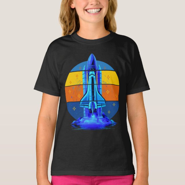 Vintage Blue Space Shuttle Spaceship T-Shirt (Front)