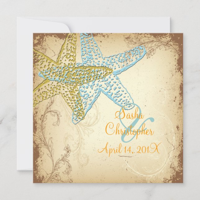 VINTAGE BLUE STARFISH WEDDING INVITATIONS (Front)
