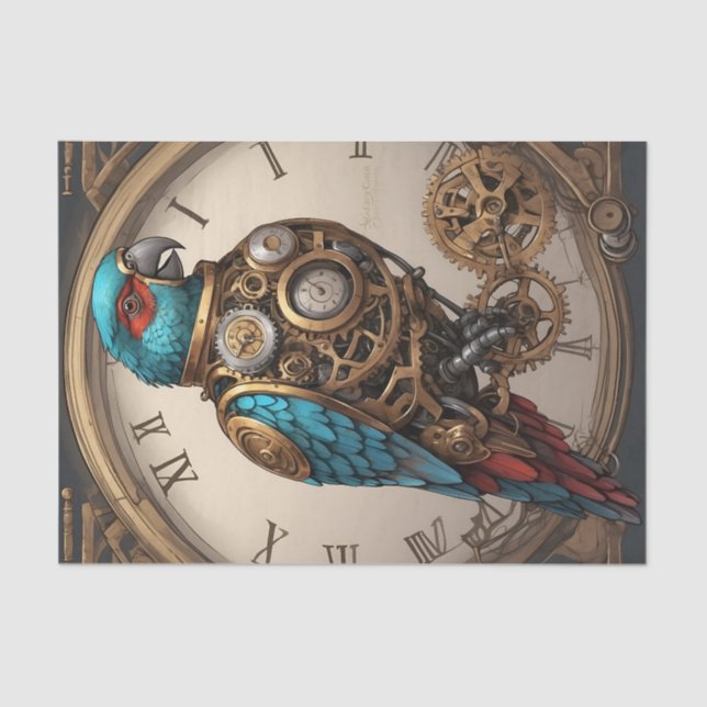 Vintage Blue Steampunk Parrot with Clock Tissue Paper (Front)