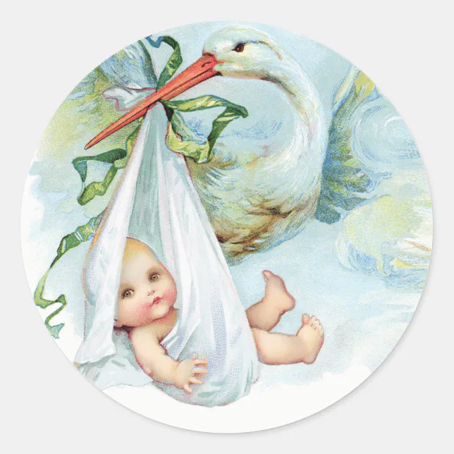 Vintage Blue Stork Baby Shower Stickers | Zazzle