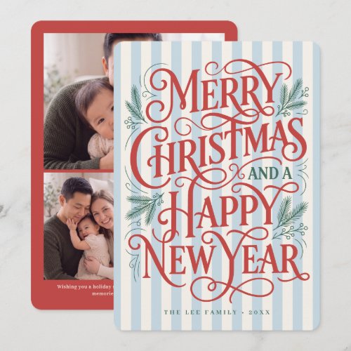 Vintage Blue Striped Merry Christmas Photo Holiday Card