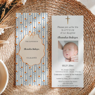 Vintage Blue Stripes Orange Floral Photo Baptism Invitation