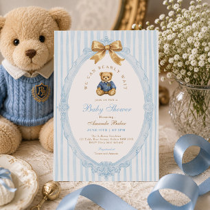 Vintage Blue Stripes Polo Teddy Bear Baby Shower Invitation