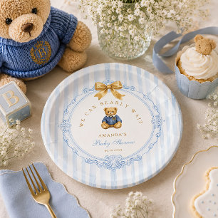Vintage Blue Stripes Polo Teddy Bear Baby Shower Paper Plates