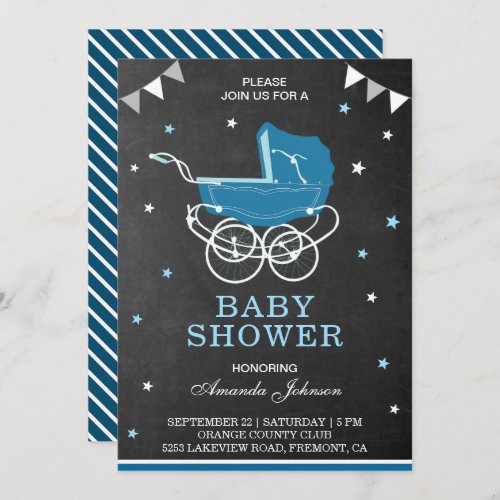 Vintage Blue Stroller Boys Baby Shower Invitation