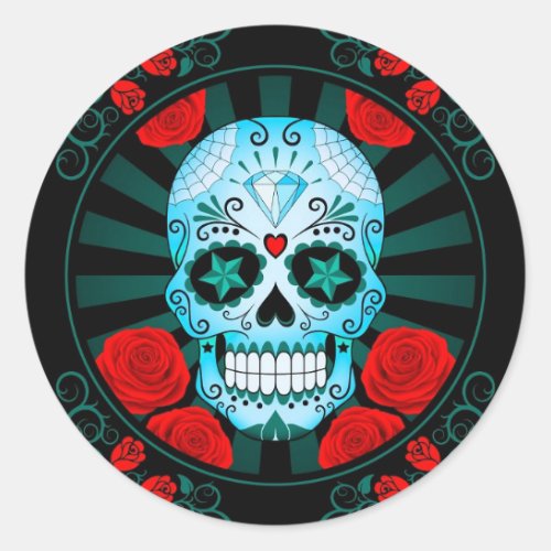 Vintage Blue Sugar Skull with Roses Poster Classic Round Sticker