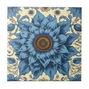 Vintage blue sunflowers art ceramic tile