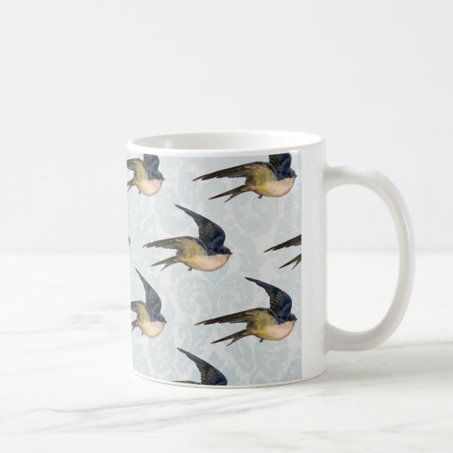 Vintage Blue Swallow Birds Pattern Coffee Mug (Right)