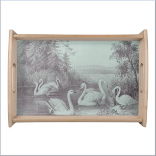 Vintage Blue Swan Lake Nature Scene Serving Tray