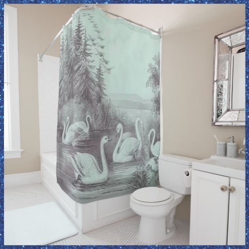 Vintage Blue Swan Lake Shower Curtain