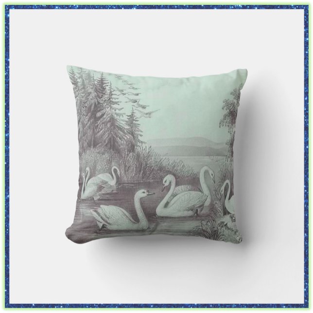 Vintage Blue Swan Lake Throw Pillow (Creator Uploaded)