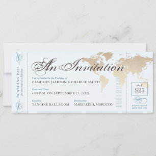 Vintage Blue Tan Destination Boarding Pass Invita Invitation