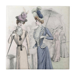 Vintage Blue Tan Fashion Elegant Victorian Ladies Ceramic Tile