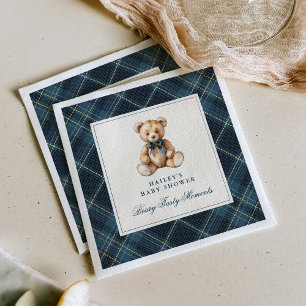 Vintage Blue Tartan Teddy Bear Baby Shower Napkins