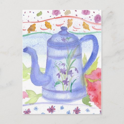 Vintage Blue Tea Coffee Pot Watercolor Flowers Postcard