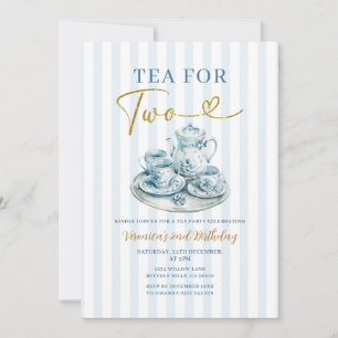 Vintage Blue Tea for two girl Birthday Stripe Invitation