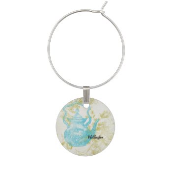 Vintage Blue Tea Pot On Green Floral Wine Charm by MarceeJean at Zazzle
