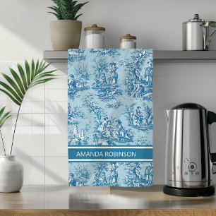 Vintage Blue Teal French Country Toile de Jouy Kitchen Towel