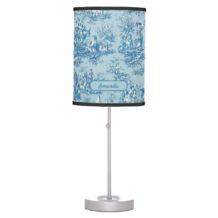 Vintage blue teal toile de jouy printed table lamp