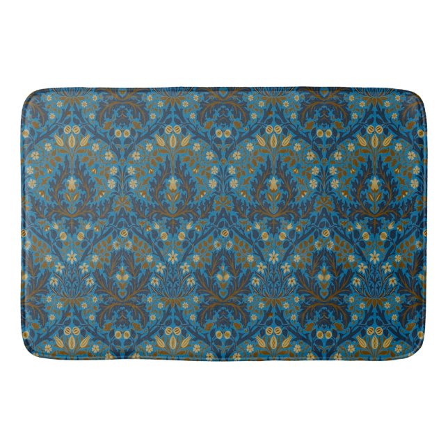 Vintage Blue Teal William Morris Autumn Flowers Bath Mat (Front)