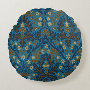 Vintage Blue Teal William Morris Autumn Flowers Round Pillow